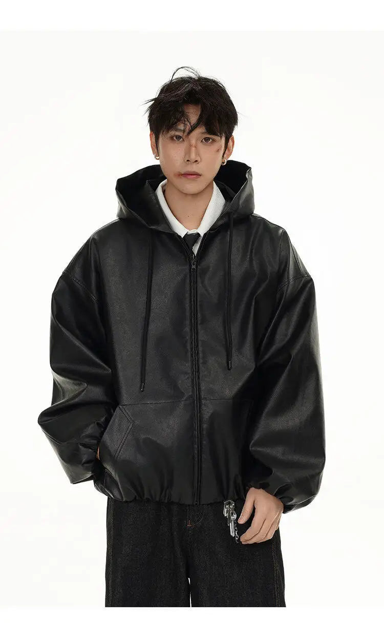 pu leather bomber jacket men streetwear fashion loose casual vintage leather hooded short motorcycle jacket hoody coat outerwear unique shorts style 568