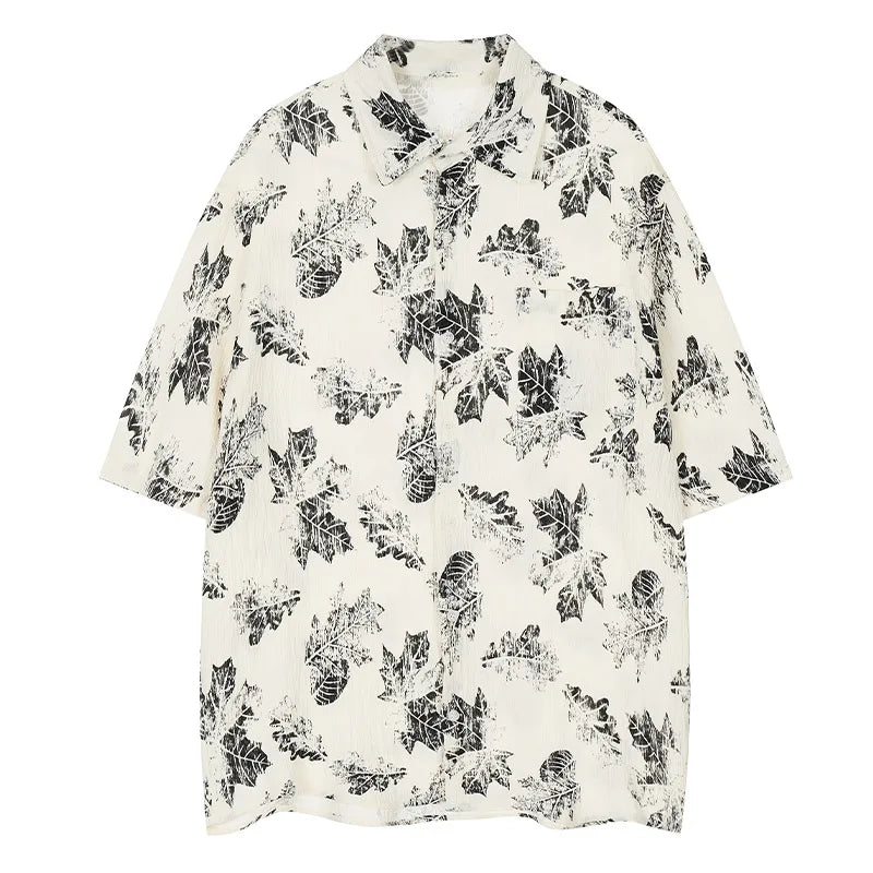 Men Shirts Maple Leaf Print Short Sleeve Shirt Japanese Retro Oversized Blouse Coat Summer Thin Casual Vacation Tops Unisex Street King Limited