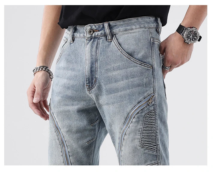 zipper hole patchwork pleated skinny denim jeans men casual slim fit biker trouser jeans fashion streetwear hip hop jean joggers unique joggers style 780