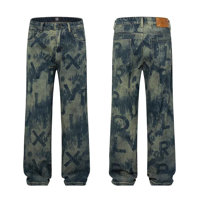 men loose casual american high street hip hop vibe printed denim baggy jeans pants man streetwear ripped jeans trousers denim street jeans