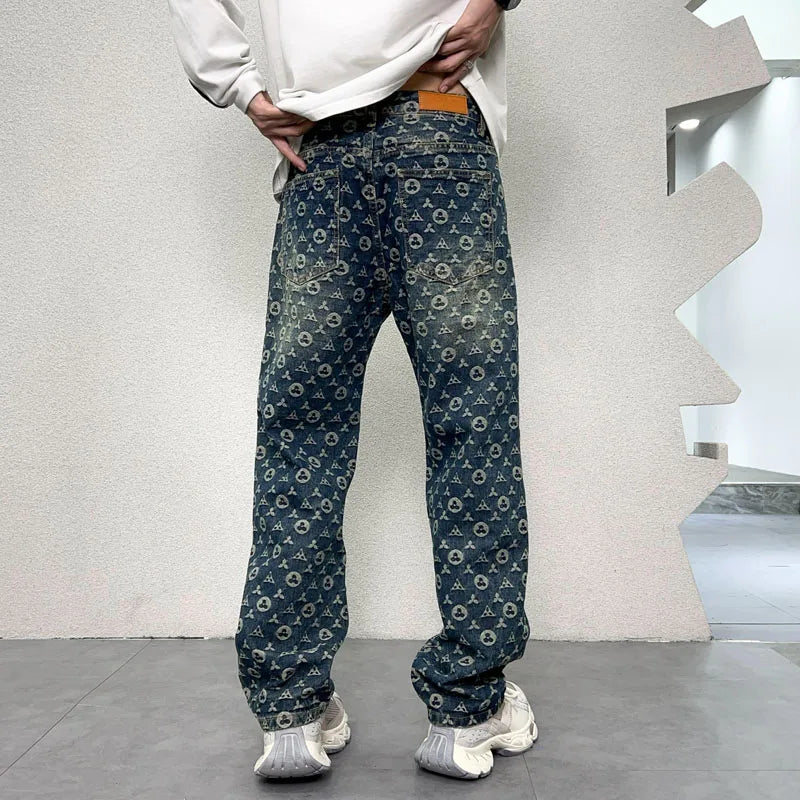 men jacquard streetwear hip hop vibe casual straight denim jeans pants boyfriend high street ripped jeans trousers urban skinny jeans
