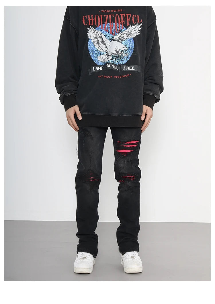 knee ripped patchwork jeans for men hip hop skinny biker taped jean trouser slim fit black denim pants fashion streetwear jogger unique joggers style 2013