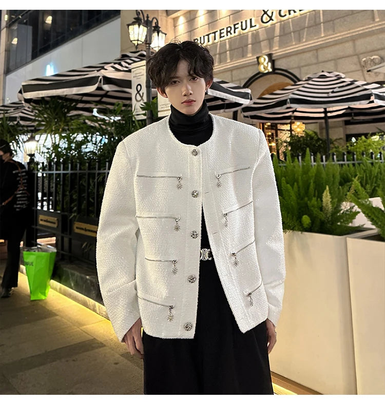 multi zipper sequin woolen jacket men french retro fashionable casual christmas jacket spring autumn coat stage show clothing unique default style 1456