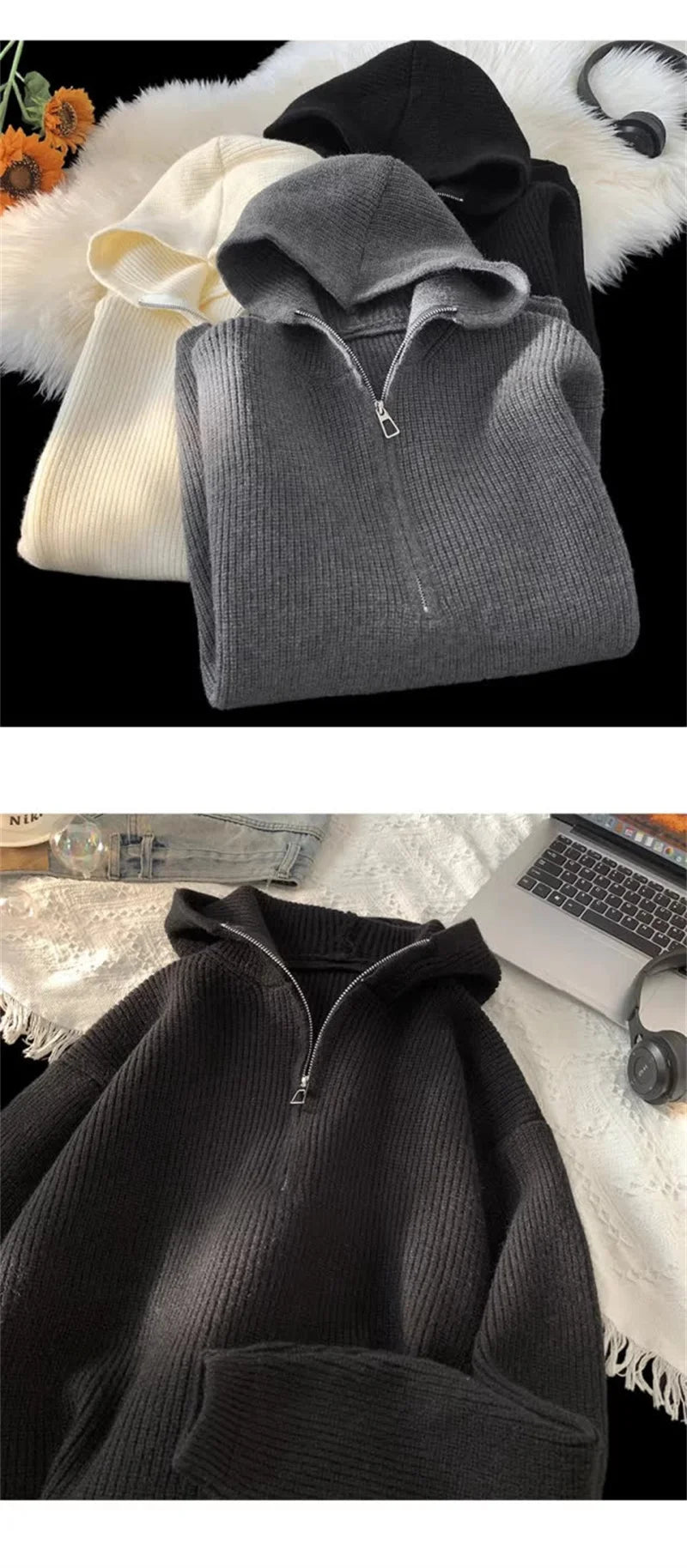 New Half Zipper sweater Knitted Sweater For Men Y2K Vintage Long Sleeve