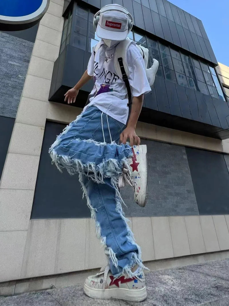 fashion destroyed ripped tassel holes denim jean pants mens casual loose straight baggy y2k jeans hip hop streetwear joggers streetwear sweatpants