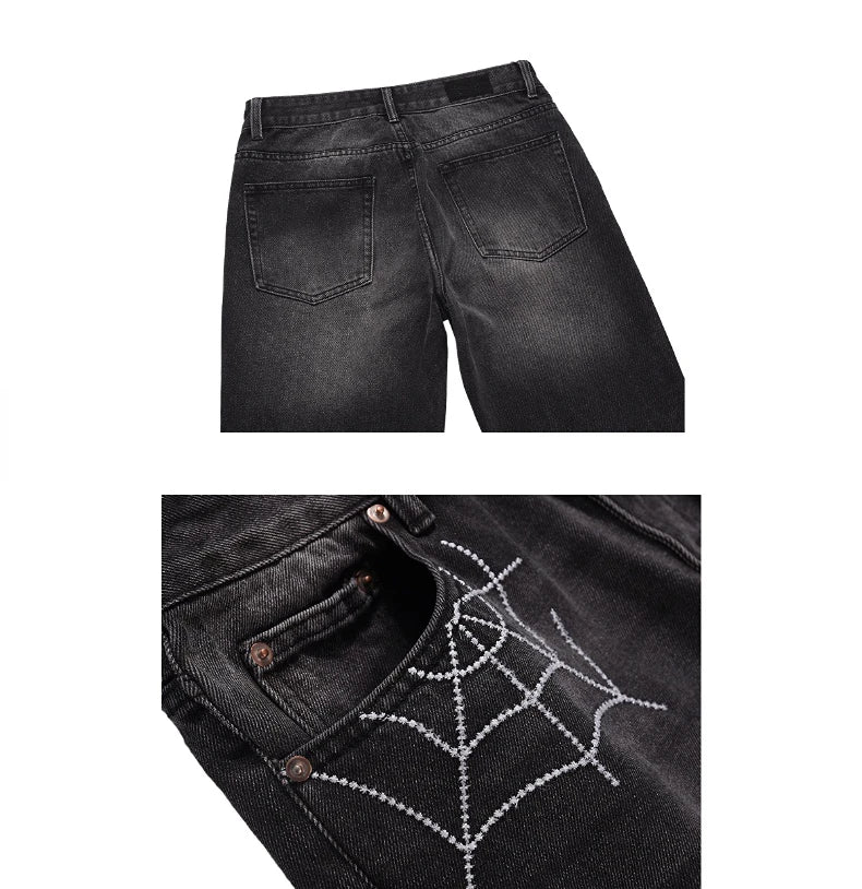 mens hip hop streetwear denim pants cobweb embroidery denim pants 2023 harajuku zipper cotton joggers jeans trousers harem pants unique joggers style 928