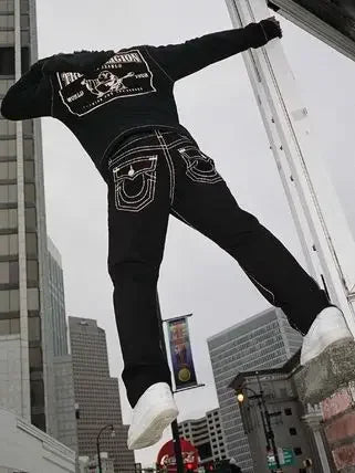 true religion vintage hip hop street leisure denim pants y2k gothic fashion embroidered straight leg wide leg jeans men clothing unique jeans style 3767