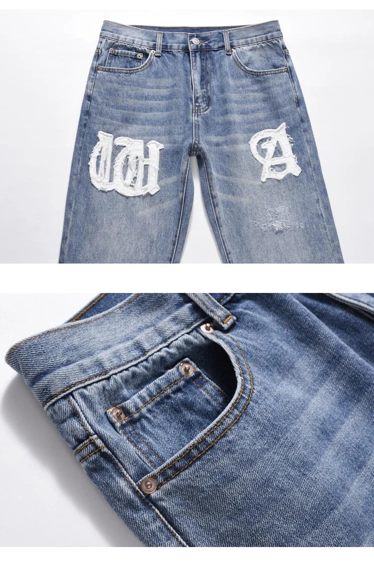letters patckwork bottom ripped denim jeans men casual straight biker trousers fashion streetwear hip hop jean pants joggers unique joggers style 2730