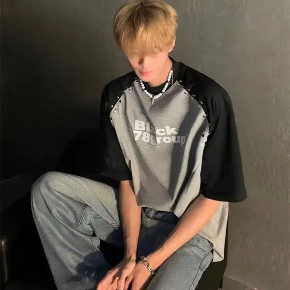Trendy brand Korean splicing plug-in short-sleeved T-shirt men's summer design niche silver diamond design letter print y2k top Street King Limited