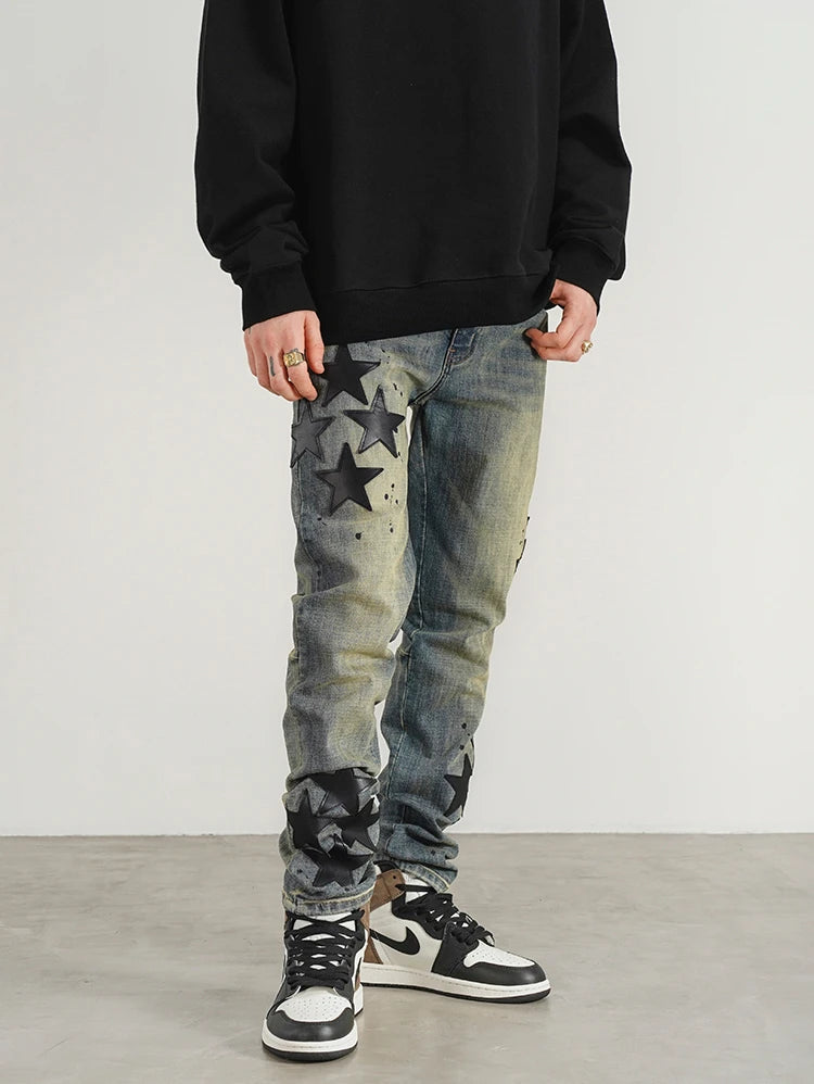 star appliques denim jeans skinny trousers slim fit men new casual biker jeans fashion streetwear hip hop trousers pants joggers unique joggers style 2542