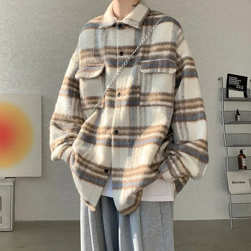 winter y2k vintage striped woolen jackets for men patchwork long sleeve plaid cardigan coats high street cargo shirt jacket combat utility trousers