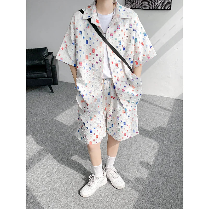 Summer Sets Men Fashion Short Sleeved Shirt Shorts Two-piece Men Korean Loose Hollow Out Set Mens Short Sets Plus Size M-5XL Street King Limited