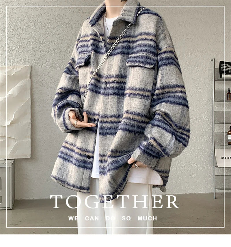 winter y2k vintage striped woolen jackets for men patchwork long sleeve plaid cardigan coats high street cargo shirt jacket unique cargo style 64