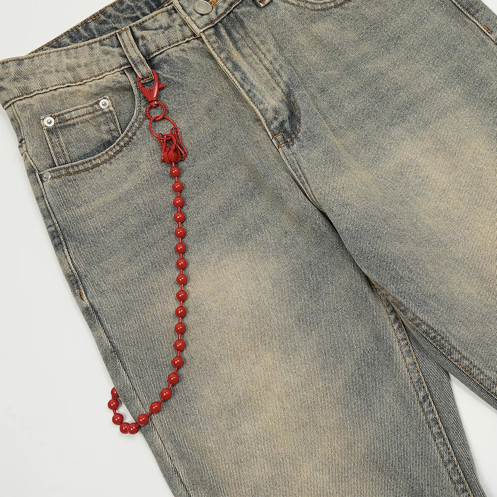 red chain pendant washed vintage jeans men women streetwear fashion hip hop loose casual wide leg denim jeans pants trousers ripped baggy denim
