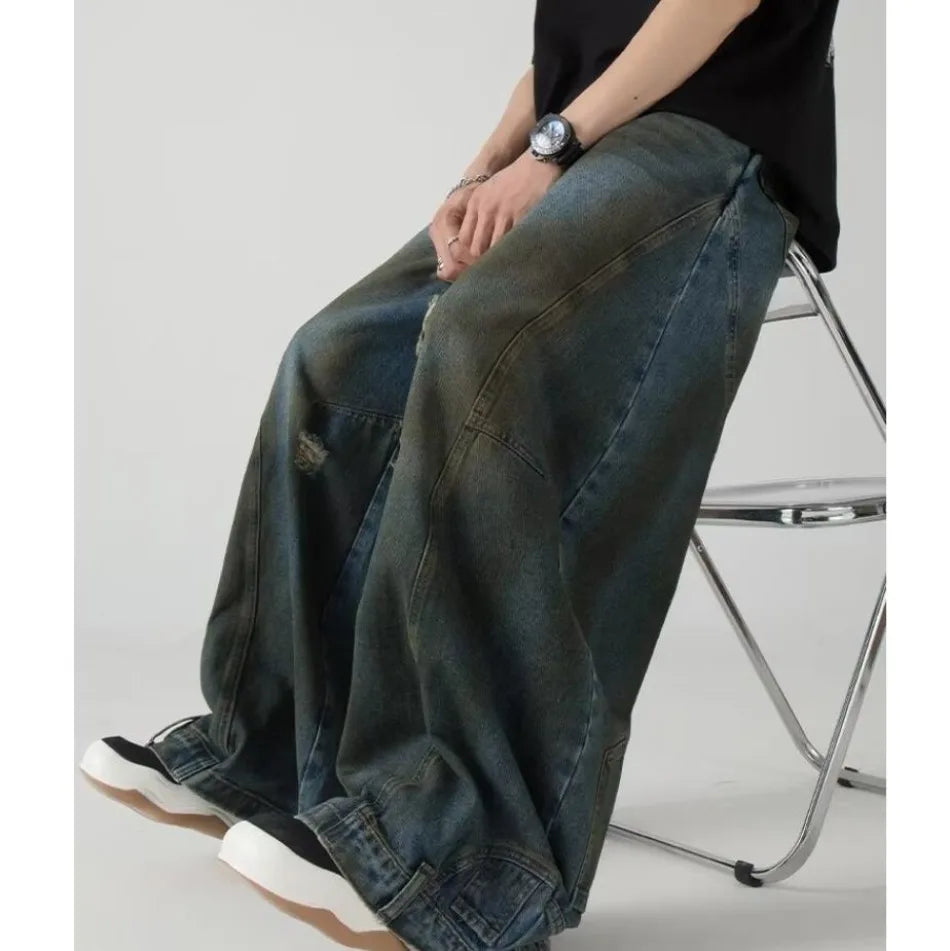 Summer High Street Hip Hop Jeans Mens Halo Dye Hole Washed Straight Denim Pants Loose Silhouette Retro Micro Flared Trousers Street King Limited
