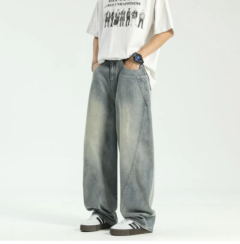 new vintage men s patchwork baggy jeans draped straight leg denim trousers autumn korean fashion high street casual y2k jean unique jeans style 530