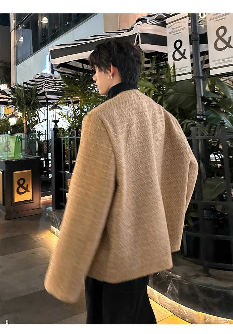 men double breasted french retro loose casual woolen short jacket man korean streetwear show fashion coat autumn outerwear unique shorts style 1307