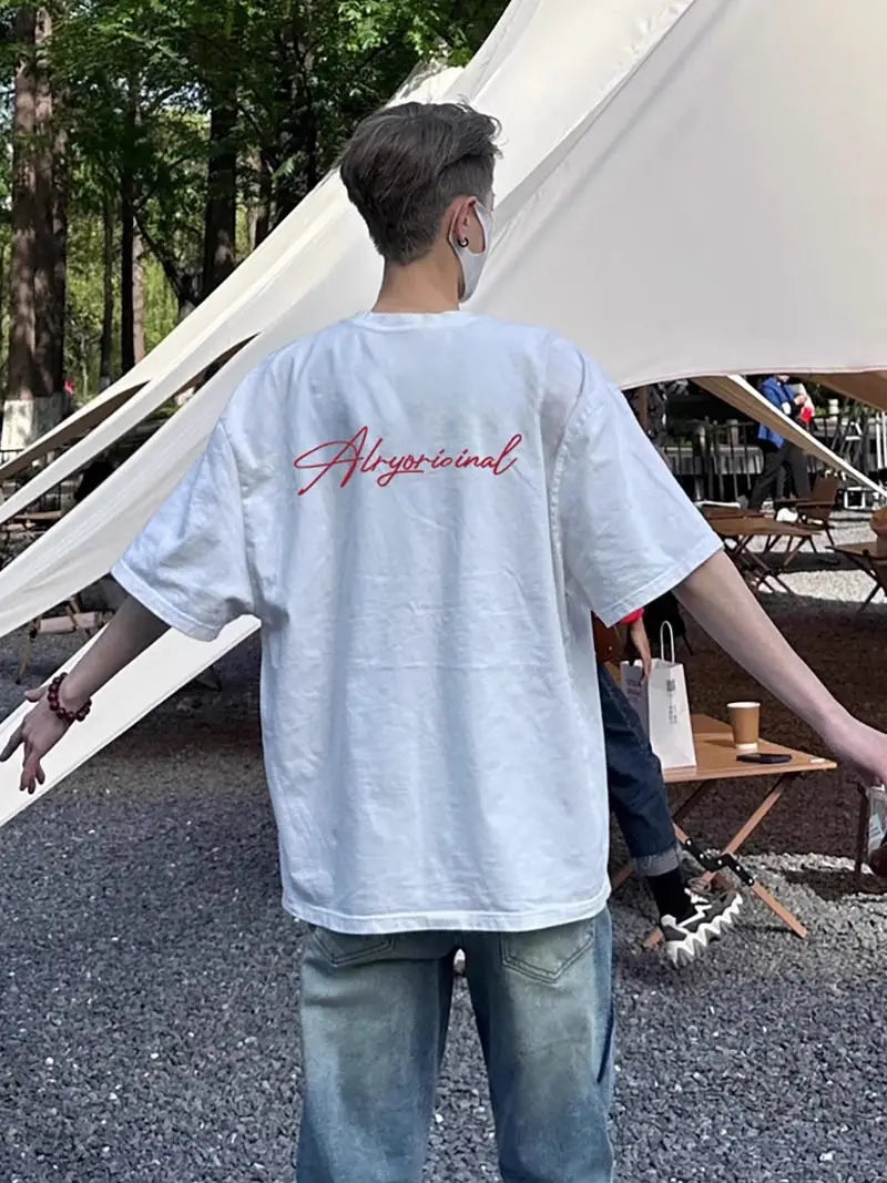Summer Korean Boys Retro Short-sleeved T-shirt American Personality Street Y2K Hip-hop 2024 White Loose Niche Half-sleeved Top Street King Limited