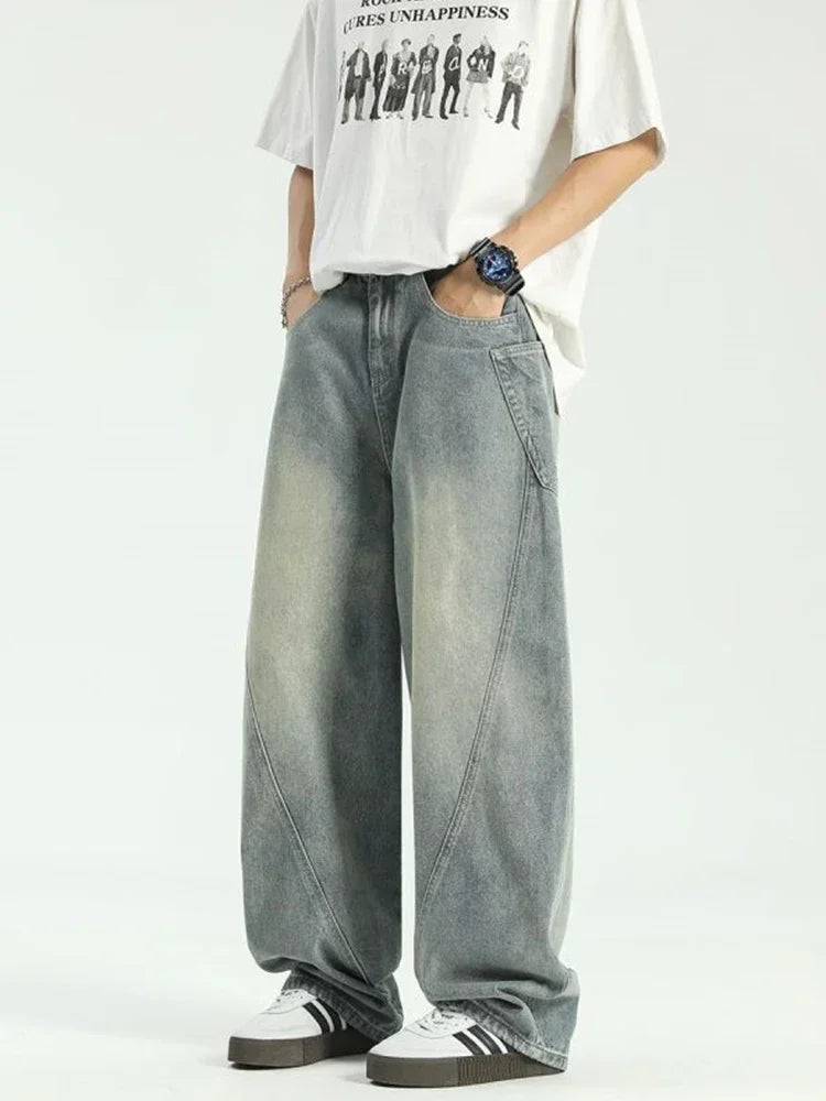 new vintage men s patchwork baggy jeans draped straight leg denim trousers autumn korean fashion high street casual y2k jean unique jeans style 544