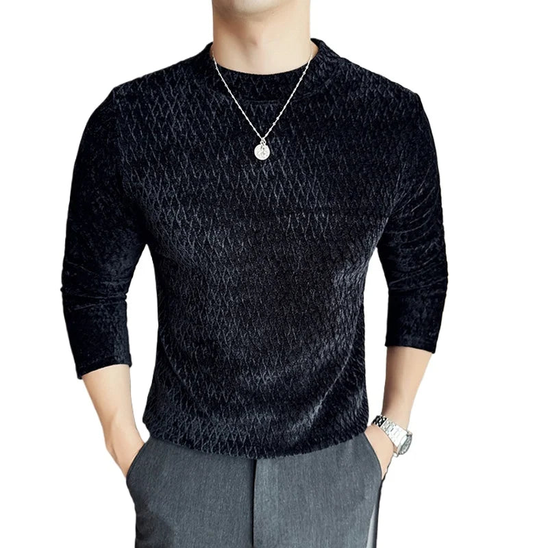 Autumn Winter Semi-turtleneck Stretch Slim Fit Long Sleeve Tshirt Men Thicken Velvet Jacquard Casual T-shirt Bottom T Shirt Street King Limited