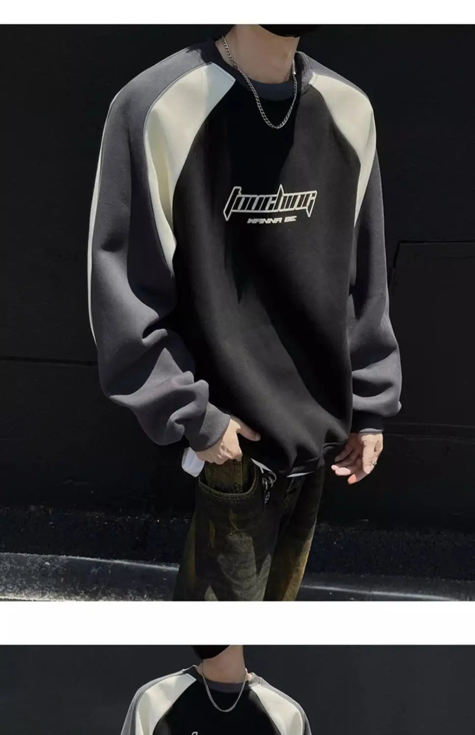 Trendy Personality Korean Motorcycle Style Round Neck Sweatshirt Men 2024 Spring Autumn Niche Contrasting Color Pullover Hot Top Street King Limited