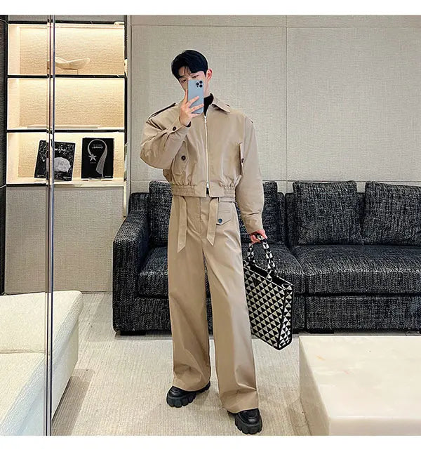 men 2 pieces sets quilted short cargo jacket pant autumn winter korean streetwear casual thicken bomber coat trousers suits unique cargo style 2640