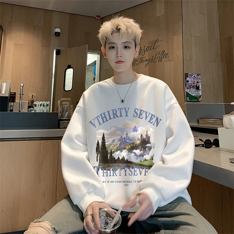Autumn Oil Painting Landscape Print Cotton Sweatshirt Men Loose Casual Crewneck Pullover Hoodies Korean Fashion Y2K Clothing Street King Limited