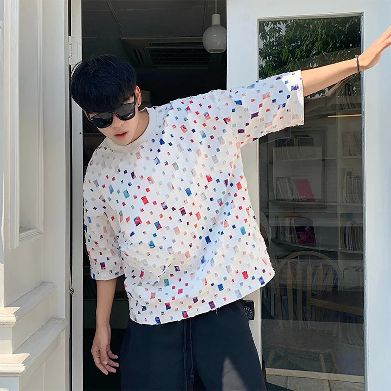 Summer Cotton Short Sleeved T-shirt Men Fashion Colorful Plaid Tshirt Men Streetwear Hip-hop Loose Hollow Out T Shirt Mens Tops Street King Limited