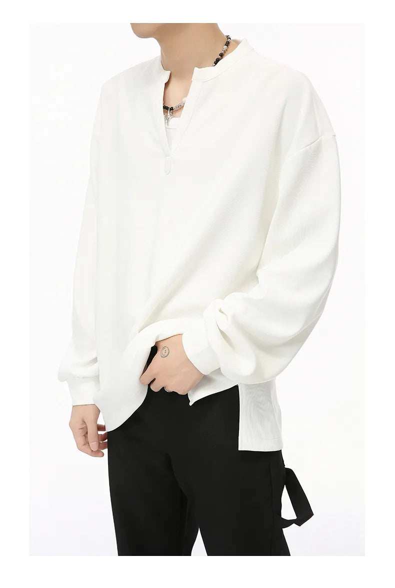 Men's V-neck Long Sleeve T-Shirt Tops Clothing Autumn Korean Style Lazy Simple Solid Color Casual Pullover Bottoming Shirt Street King Limited