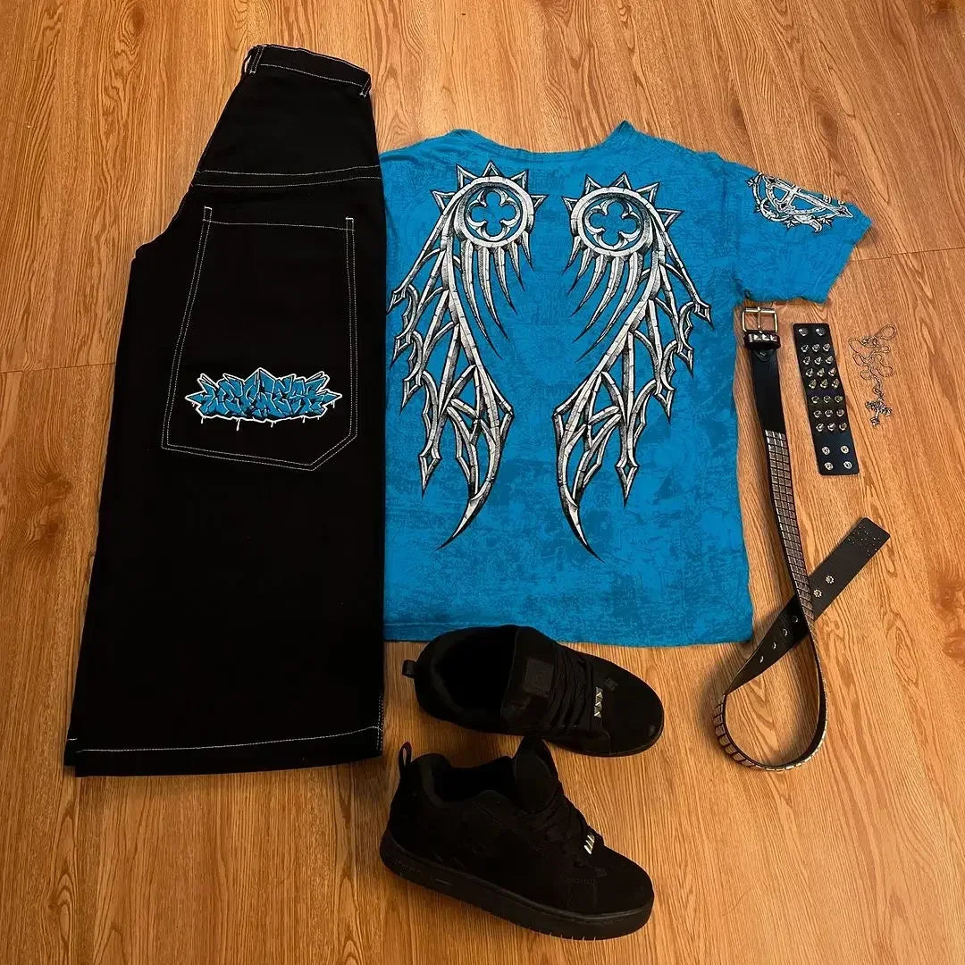 harajuku tapout and wexwear suit graphic embroidered jeans black y2k skateboard pants jeans tracksuit t shirt for men streetwear ripped baggy denim