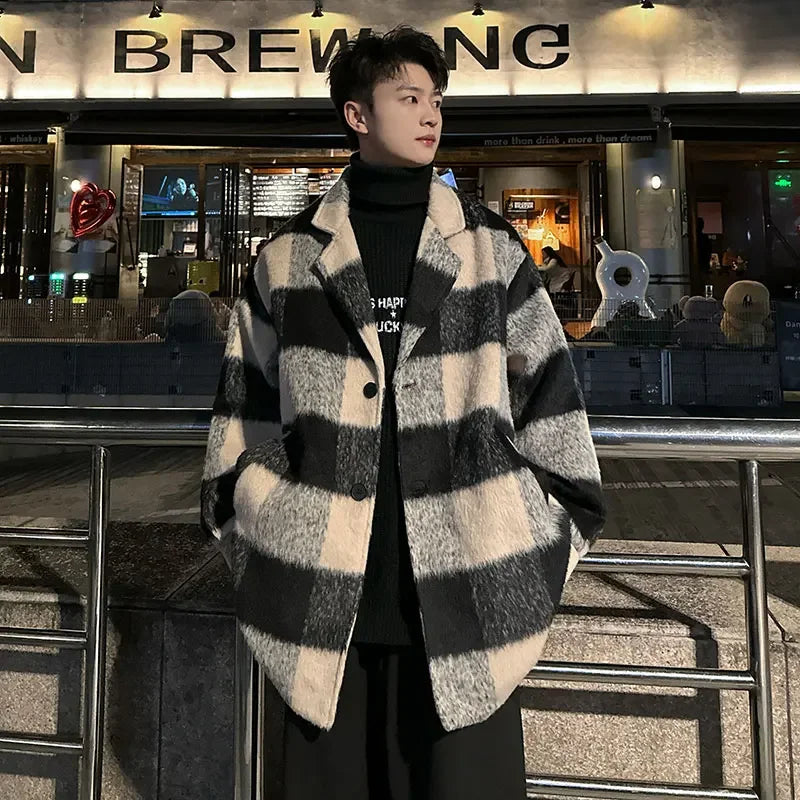 plaid woolen trenchcoat men autumn winter fashion retro streetwear suit collar loose casual trendy trench coat outerwear unique default style 1206