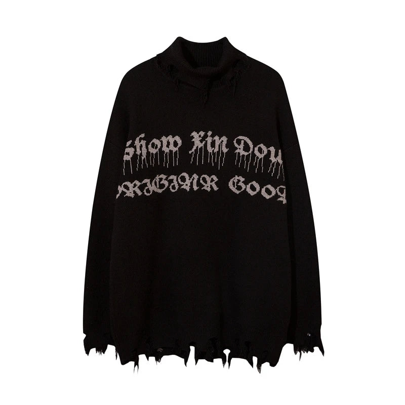 Half High Collar Goth Women Men Sweaters Oversized Long Sleeve Knitted Pullovers Y2k Men Ripped Sweater Harajuku Streetwear Tops Street King Limited