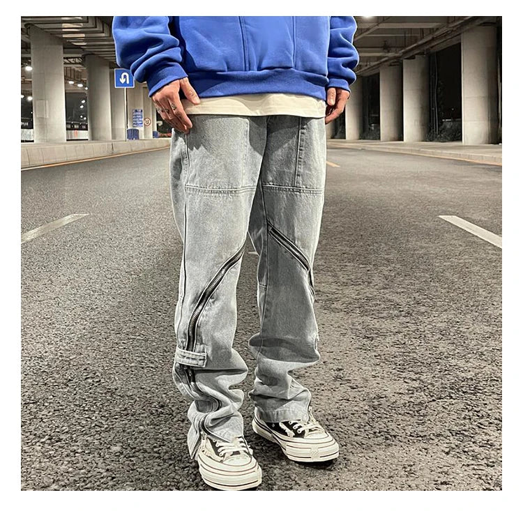fashion denim straight pants hip hop jeans with zipper streetwear trousers new summer casual joggers men designer jeans for men unique joggers style 146