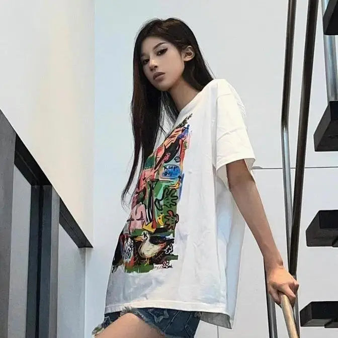 Summer t-shirt short-sleeved women's pure cotton student lazy style ins trend Korean round neck loose slim abstract y2k tops emo Street King Limited