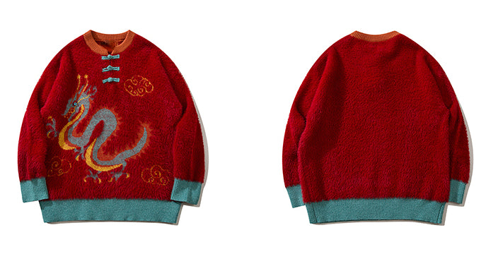 Hip Hop Knitted Sweater Unisex New Year Chinese Tie Dragon Pattern Pullover Streetwear Casual Loose Sweater Warm Jumper Knitwear Street King Limited