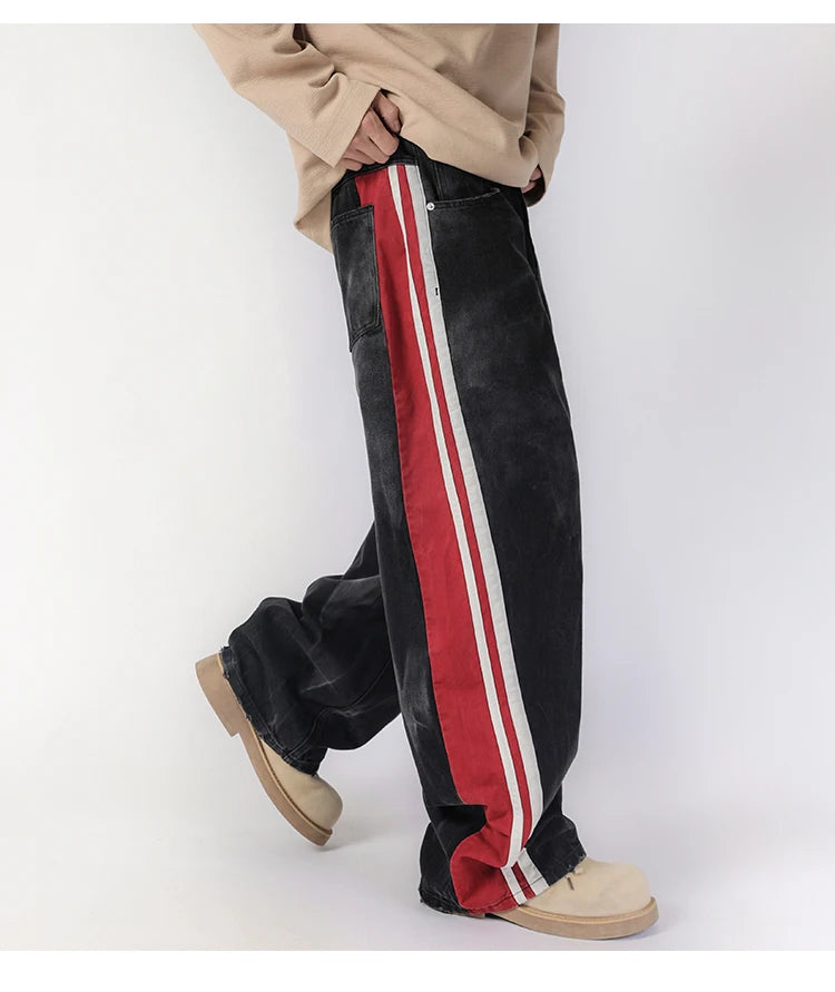 men streetwear fashion side splice hip hop loose casual wide leg straight baggy jeans pant cityboy jeans pants trousers unique jeans style 2509