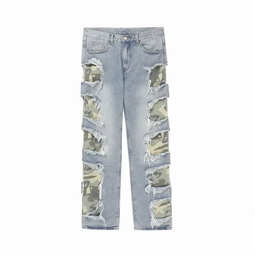 side destroyed ripped holes denim jeans pants mens casual patchwork camouflage loose straight joggers hip hop streetwear jeans unique joggers style 3062