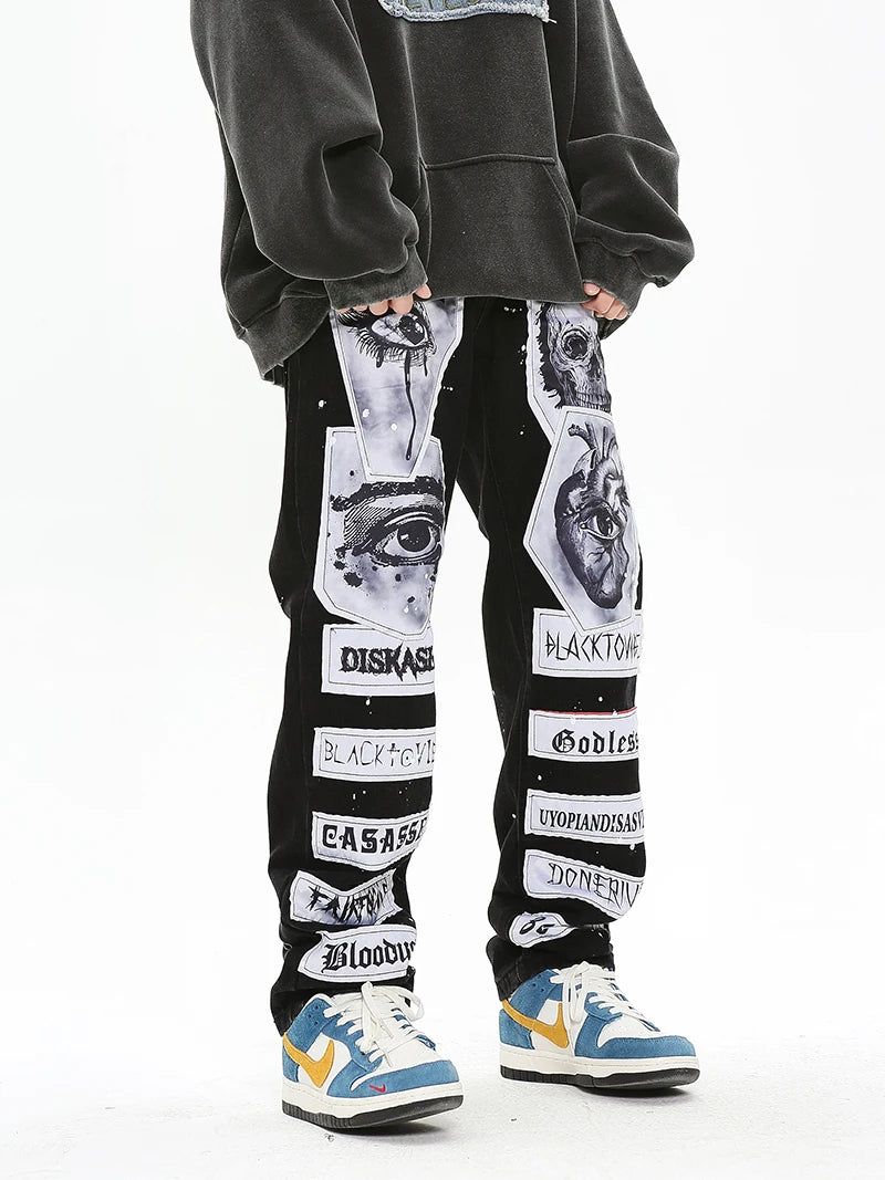 fashion skull graffiti patchwork denim jeans mens zipper jeans hip hop streetwear casual harajuku straight joggers jeans pants unique joggers style 5474