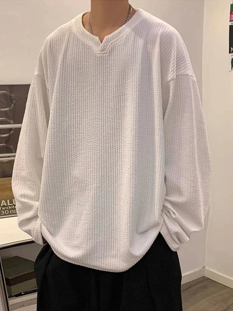 Autumn Men's V-neck Long Sleeve T-shirts New Solid Color Jacquard Waffle Pullover Tops High Street Fashion Breathable Tee Shirts Street King Limited