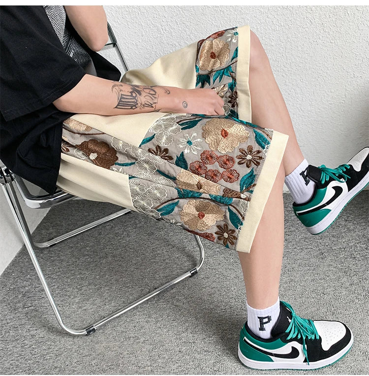 Summer Embroidery Shorts Men Fashion Casual Flower Shorts Mens Japanese Streetwear Loose Hip-hop Straight Shorts Men Plus Size Street King Limited