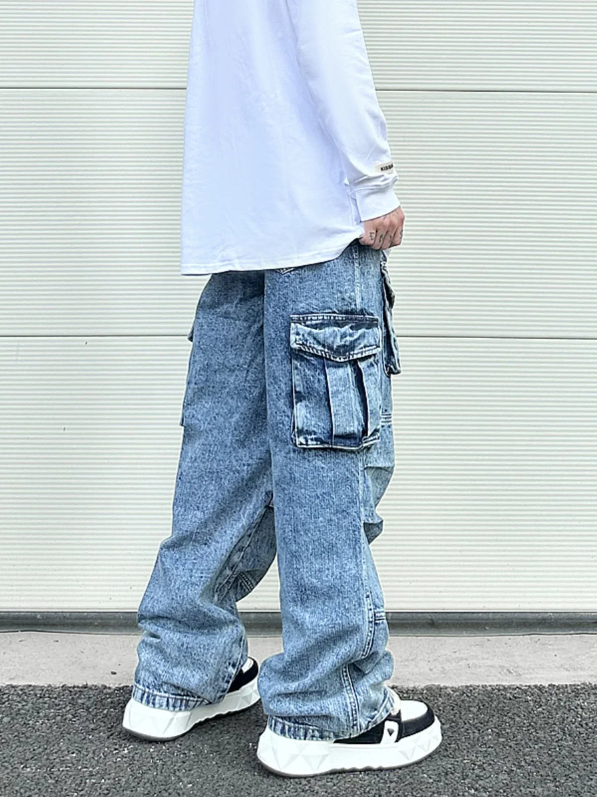 fashion loose streetwear cargo denim jeans unisex casual multi pocket wide legs jean pants hip hop joggers mens baggy jeans relaxed fit joggers