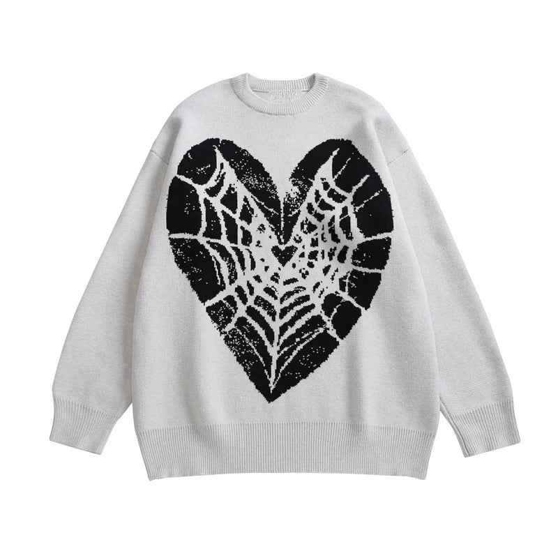 Hip Hop Knitted Sweater Men Winter O-neck Anime Spider Web Pattern Pullover Streetwear Casual Loose Sweater Warm Jumper Knitwear Street King Limited