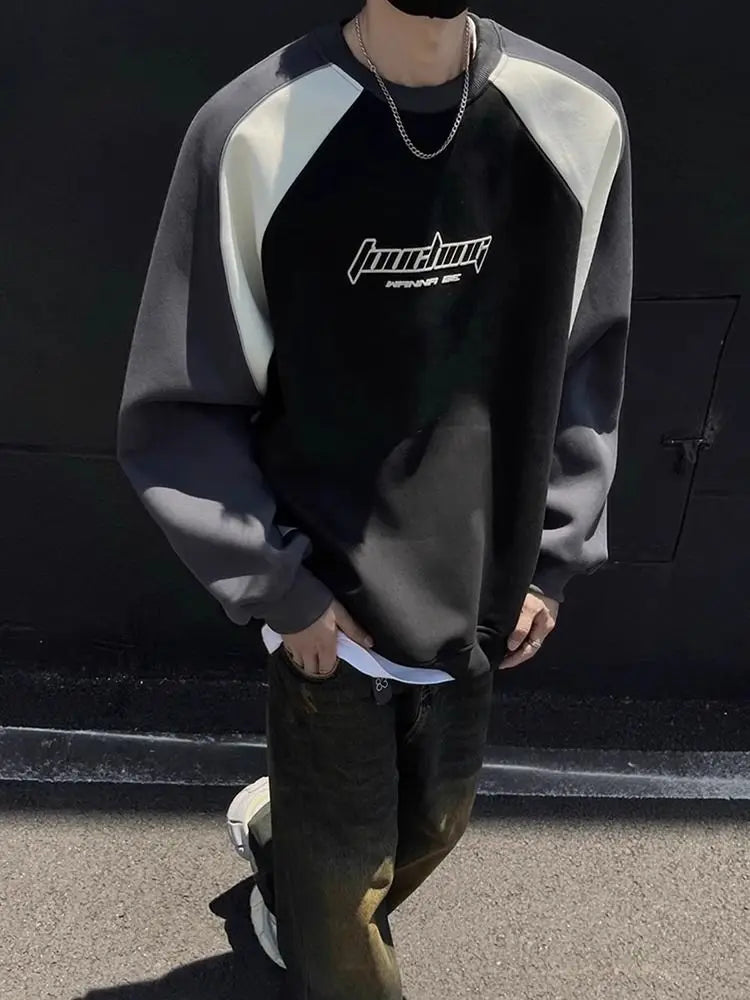 Trendy Personality Korean Motorcycle Style Round Neck Sweatshirt Men 2024 Spring Autumn Niche Contrasting Color Pullover Hot Top Street King Limited