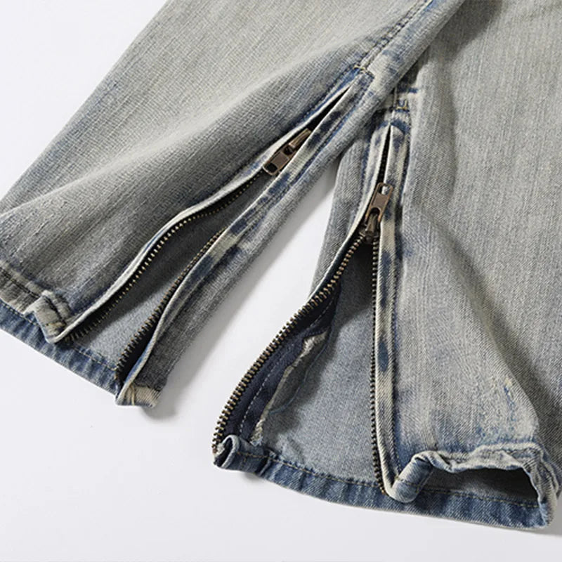 Men Jeans American Street Checkerboard Ripped Denim Pants Y2k Casual Versatile Straight Leg Trousers Hip Hop Bottoms Street King Limited