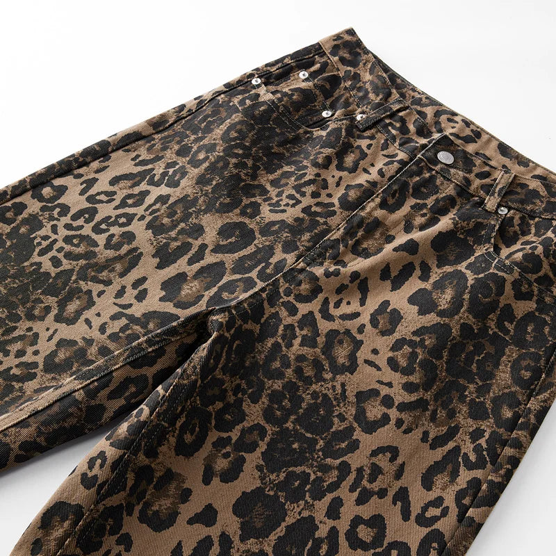 men leopard print denim loose casual plus size baggy jeans women streetwear hip hop straight y2k jeans pants trousers unique jeans style 1669