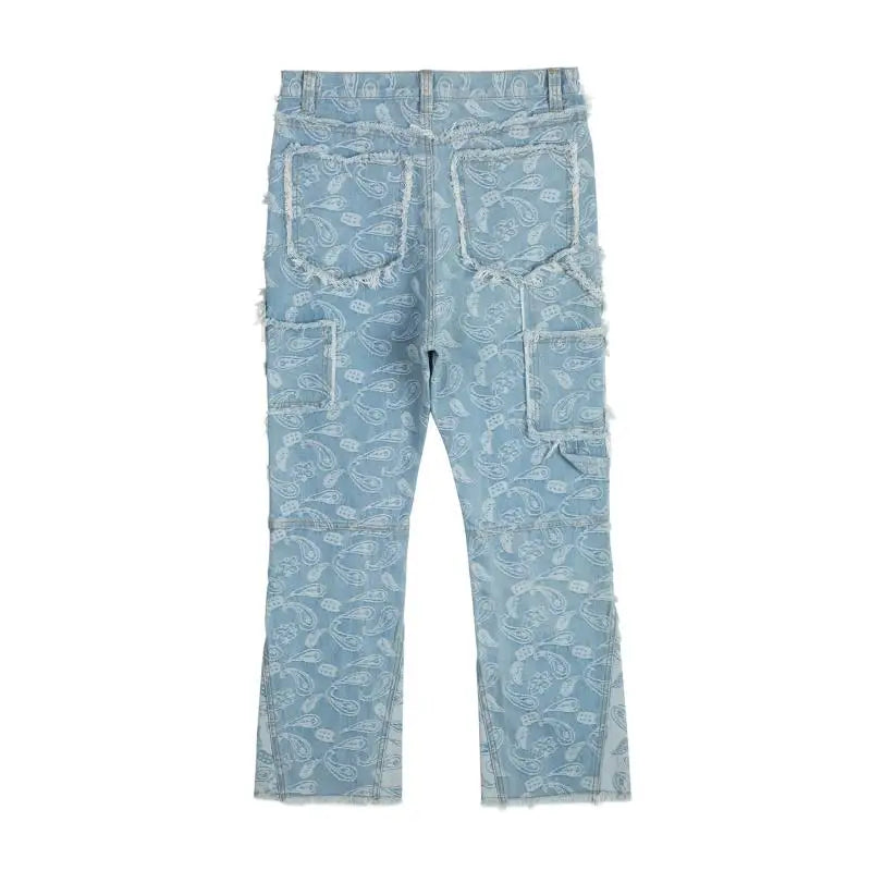 vintage high street washed light blue flared jeans cashew flower jacquard pattern rough edge jeans pants for men and women unique jeans style 924