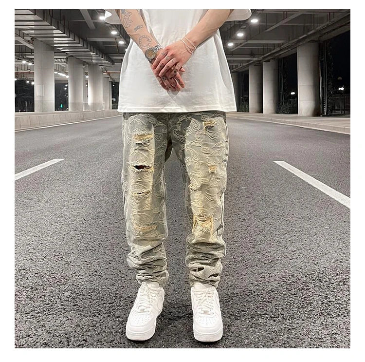 fashion paisy denim jeans mens destoryed holes zipper jeans pants hip hop streetwear new summer casual joggers loose jeans pants unique joggers style 1226