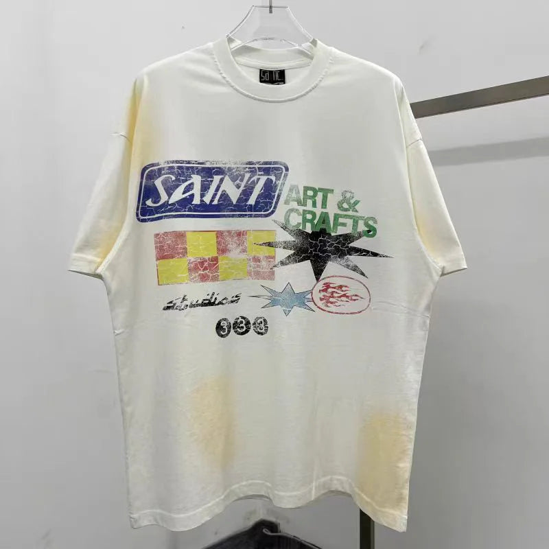 Saint T-shirts New Vintage Wash Letter Printing Chaopai High Street Men Woman Loose Casual Short Sleeve Top Tee Street King Limited