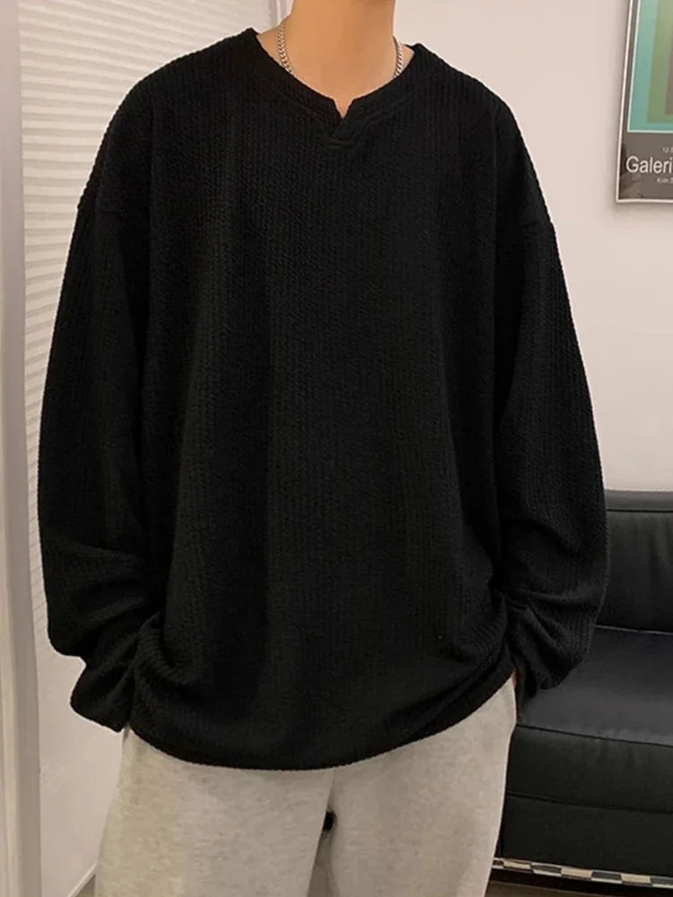 Autumn Men's V-neck Long Sleeve T-shirts New Solid Color Jacquard Waffle Pullover Tops High Street Fashion Breathable Tee Shirts Street King Limited