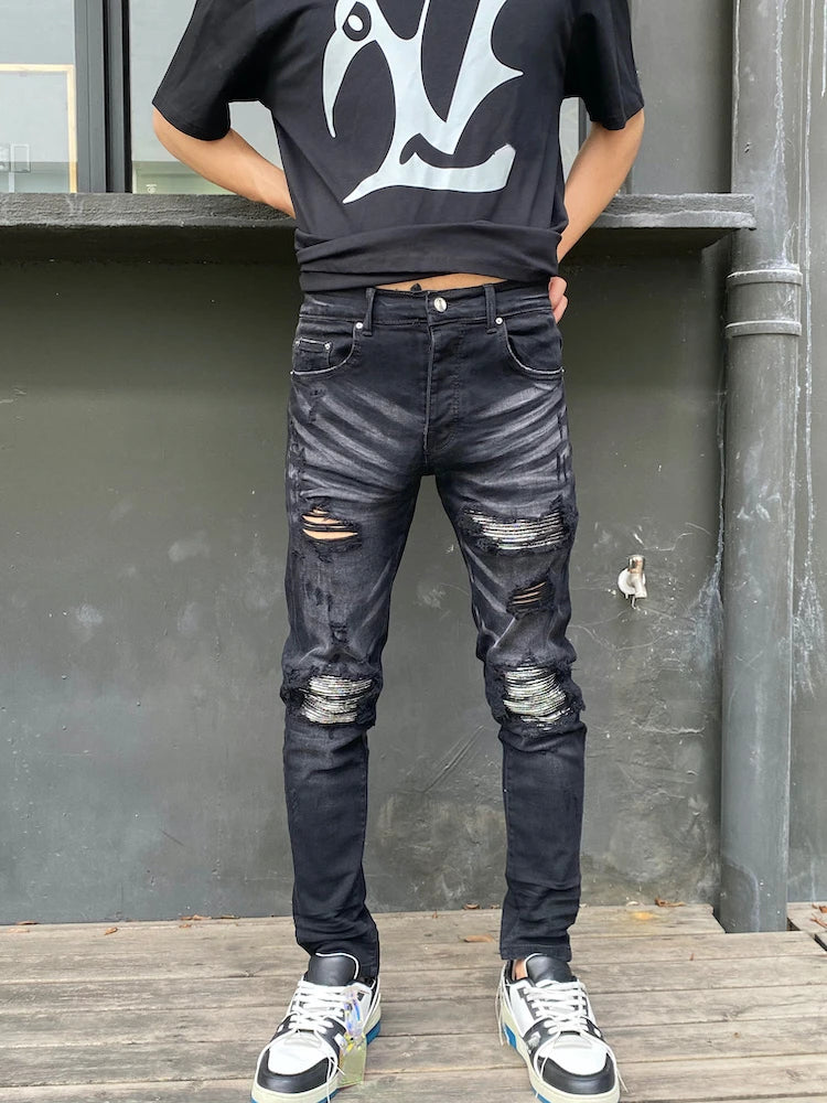 knee hole patckwork skinny denim jeans men slim biker trousers jeans fashion streetwear hip hop retro washed jean pants joggers relaxed fit joggers
